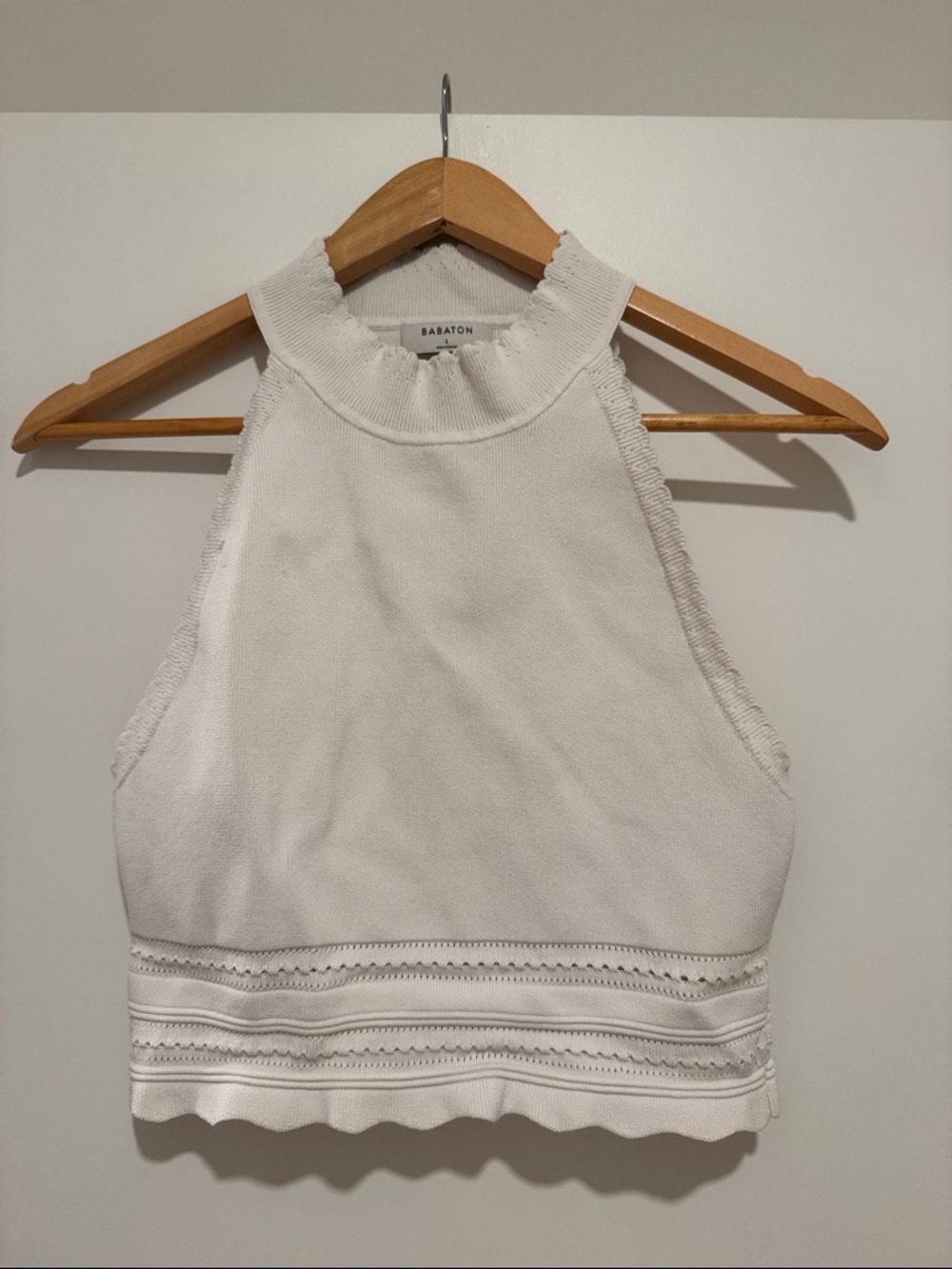 Babaton White Knit High Neck Crop Top with Eyelet Hem